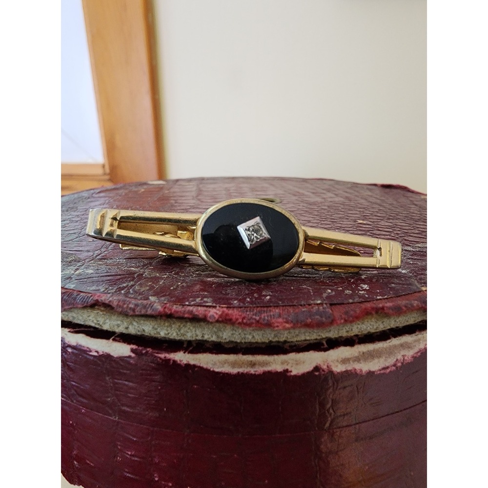 Anson Vintage Gold Tone Tie Bar Black Onyx Rhinestone Tie Clip Mad Men Dapper